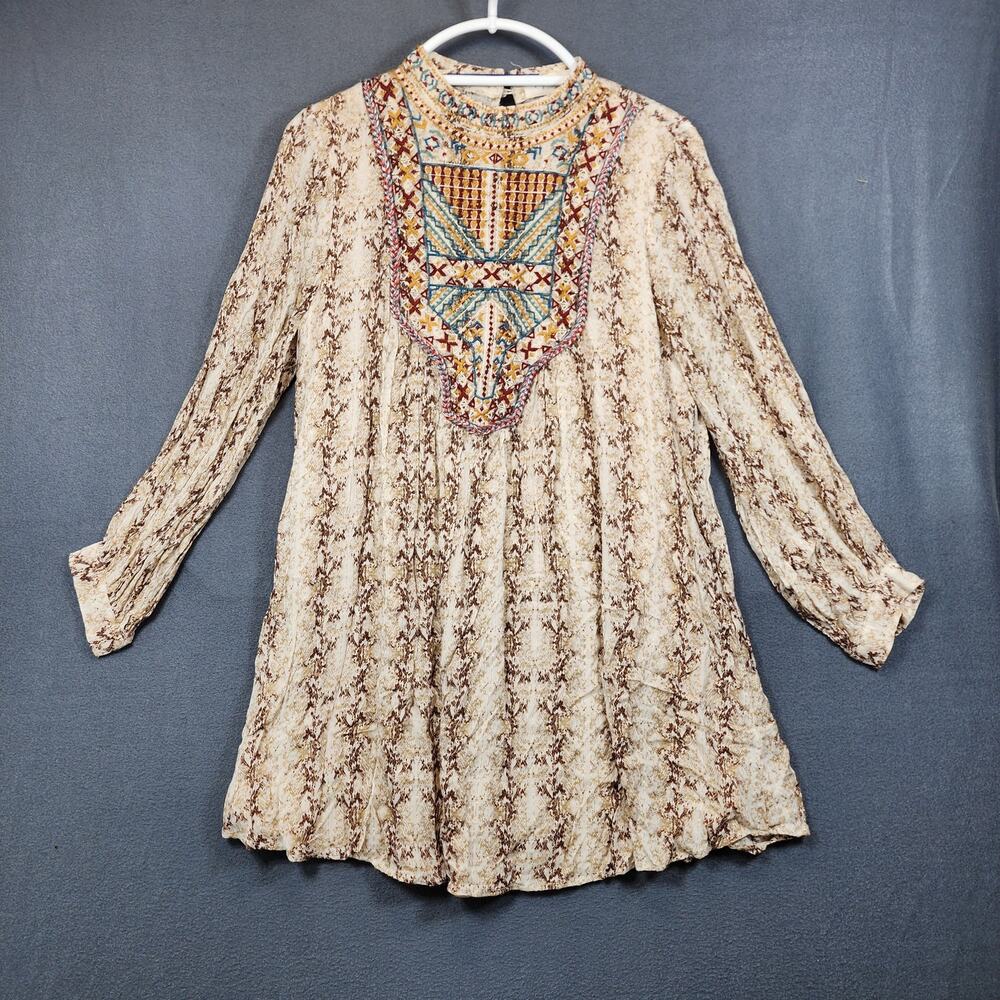 Impressions Womens Tunic Top Mini Dress Small Lined Embroidered Boho Peasant
